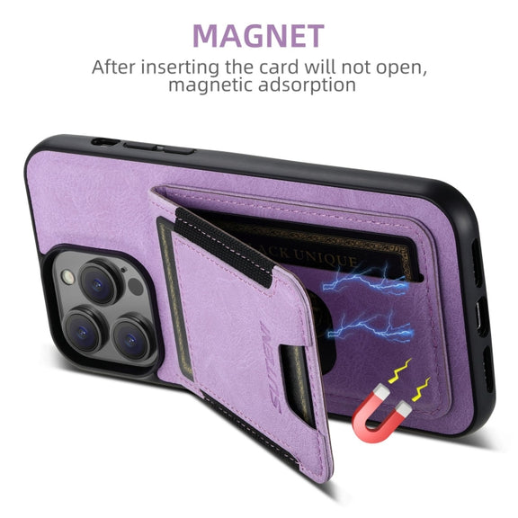 For iPhone 16 Pro Max Suteni H03 Litchi Leather Card Bag Stand Back Phone Case(Purple)