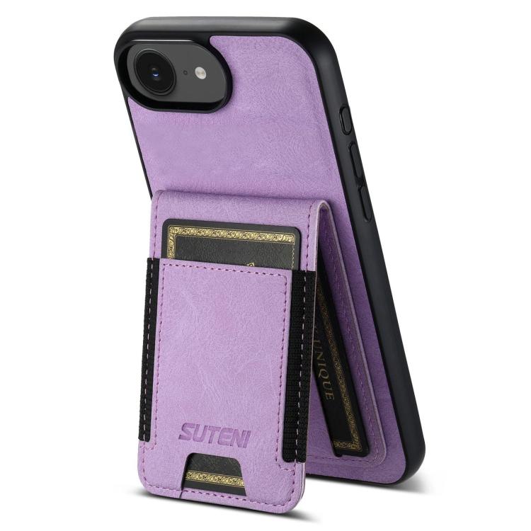 For iPhone 16e Suteni H03 Litchi Leather Card Bag Stand Back Phone Case(Purple) - iPhone 16e Cases by Suteni | Online Shopping South Africa | PMC TechLife | Buy Now Pay Later Mobicred