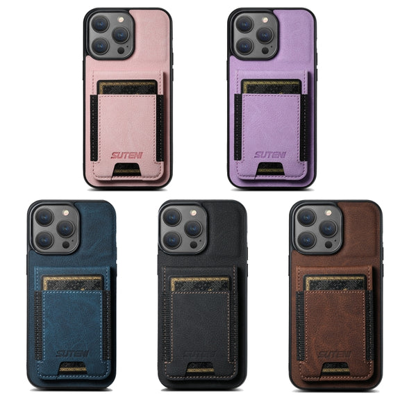 For iPhone 16 Pro Suteni H03 Litchi Leather Card Bag Stand Back Phone Case(Purple)