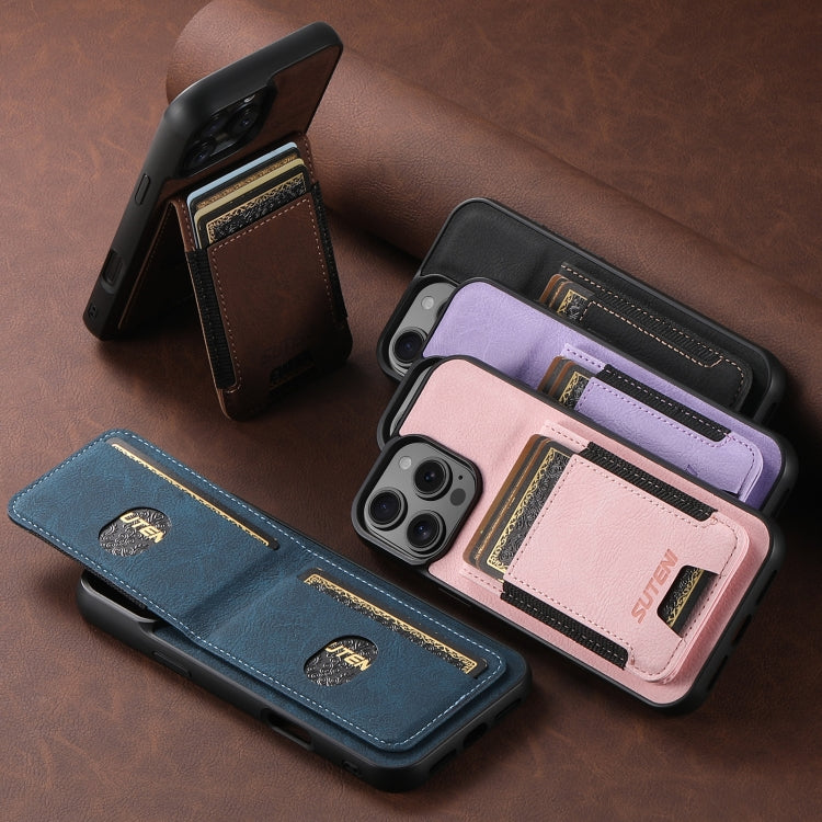 For iPhone 16 Pro Max Suteni H03 Litchi Leather Card Bag Stand Back Phone Case(Purple)