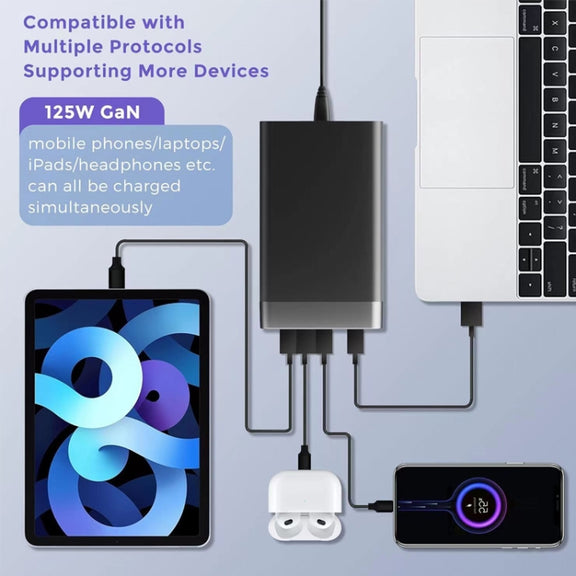 GAN 125W PD65W Dual Type-C + QC3.0 USB Multi Compatible Notebook Adapter EU Plug