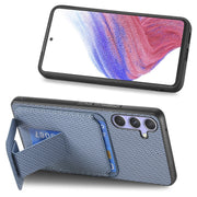For Samsung Galaxy S25 5G Carbon Fiber Card Bag Fold Stand Phone Case(Blue)