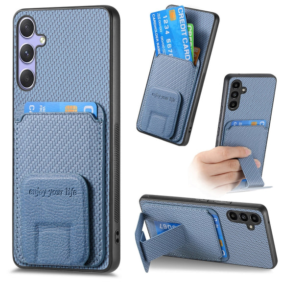 For Samsung Galaxy S25 5G Carbon Fiber Card Bag Fold Stand Phone Case(Blue)