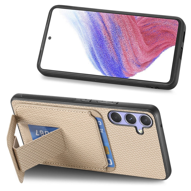 For Samsung Galaxy S25 5G Carbon Fiber Card Bag Fold Stand Phone Case(Khaki) - free shipping - PMC Jewellery - Order now!