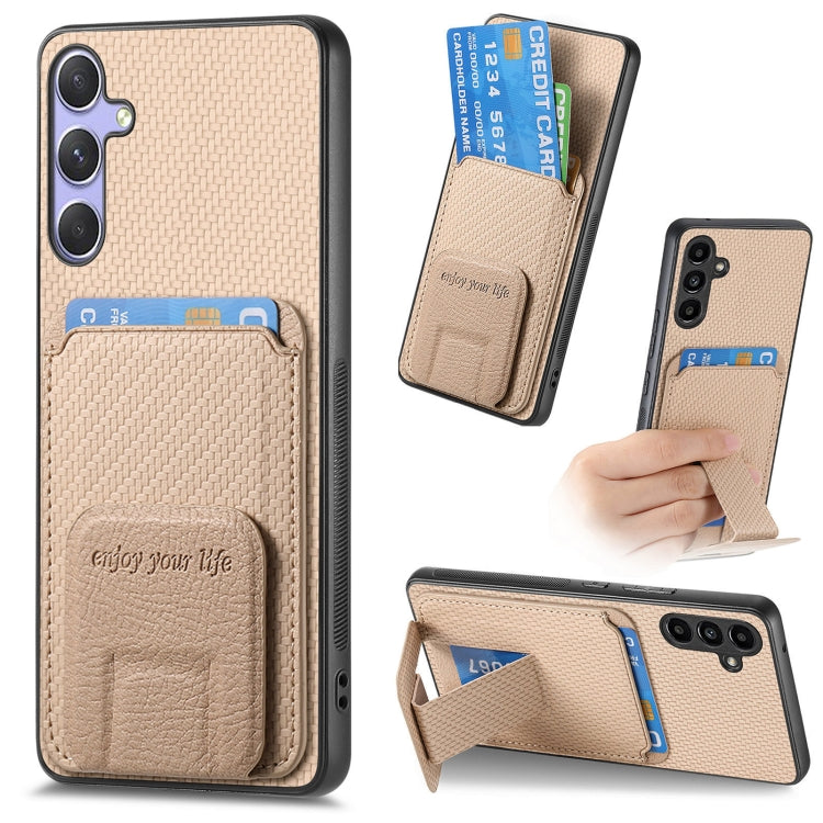 For Samsung Galaxy S25 5G Carbon Fiber Card Bag Fold Stand Phone Case(Khaki) - free shipping - PMC Jewellery - Order now!