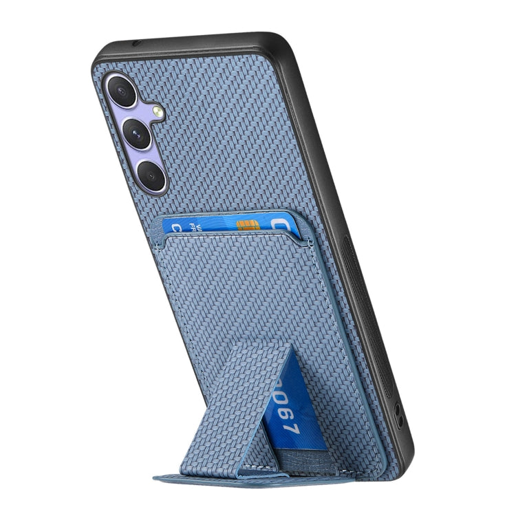 For Samsung Galaxy S25+ 5G Carbon Fiber Card Bag Fold Stand Phone Case(Blue)