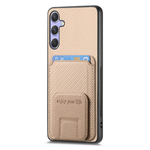 For Samsung Galaxy S25 Ultra 5G Carbon Fiber Card Bag Fold Stand Phone Case(Khaki)