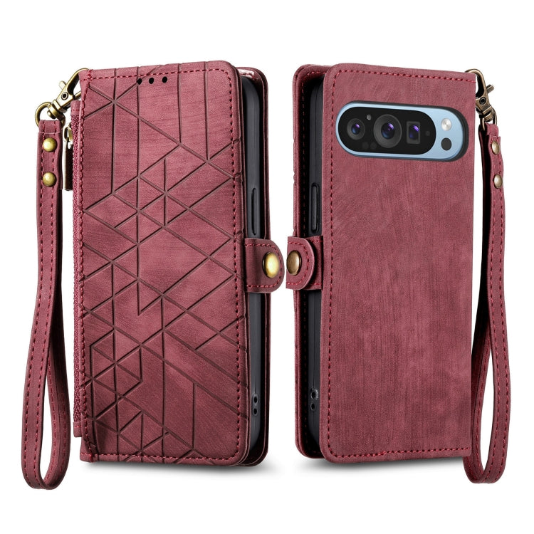 For Google Pixel 9 Geometric Zipper Wallet Side Buckle Leather Phone Case(Red) - Google Cases by PMC TechLife | Online Shopping South Africa | PMC TechLife | Buy Now Pay Later Mobicred