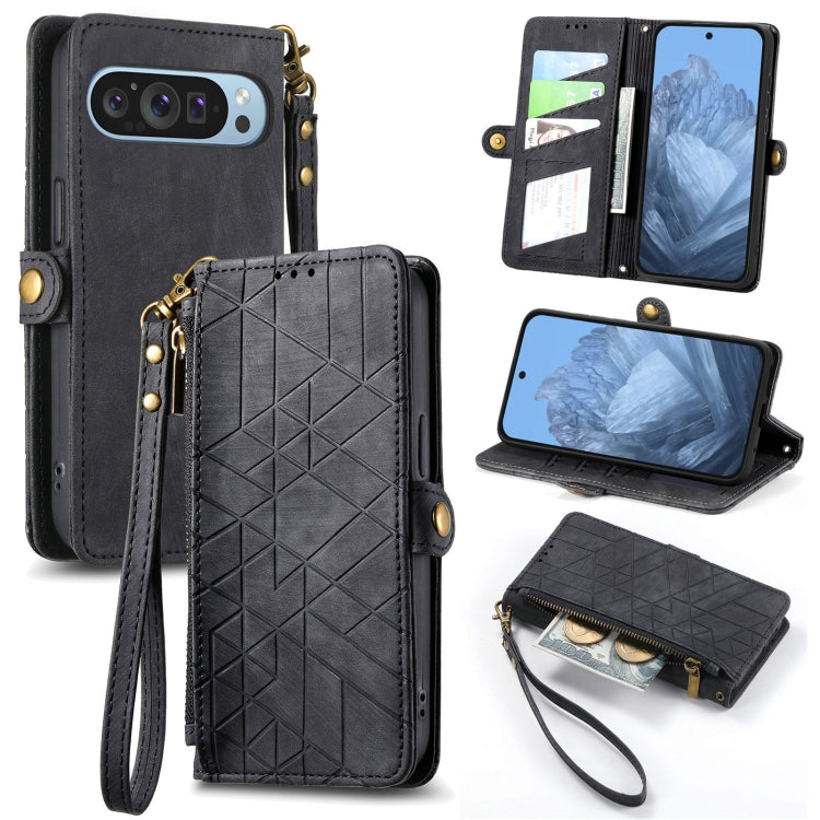 For Google Pixel 9 Geometric Zipper Wallet Side Buckle Leather Phone Case(Black) - Google Cases by PMC TechLife | Online Shopping South Africa | PMC TechLife | Buy Now Pay Later Mobicred