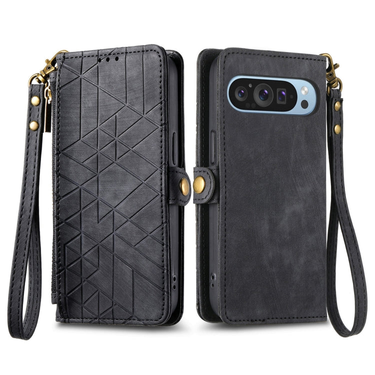 For Google Pixel 9 Geometric Zipper Wallet Side Buckle Leather Phone Case(Black) - Google Cases by PMC TechLife | Online Shopping South Africa | PMC TechLife | Buy Now Pay Later Mobicred