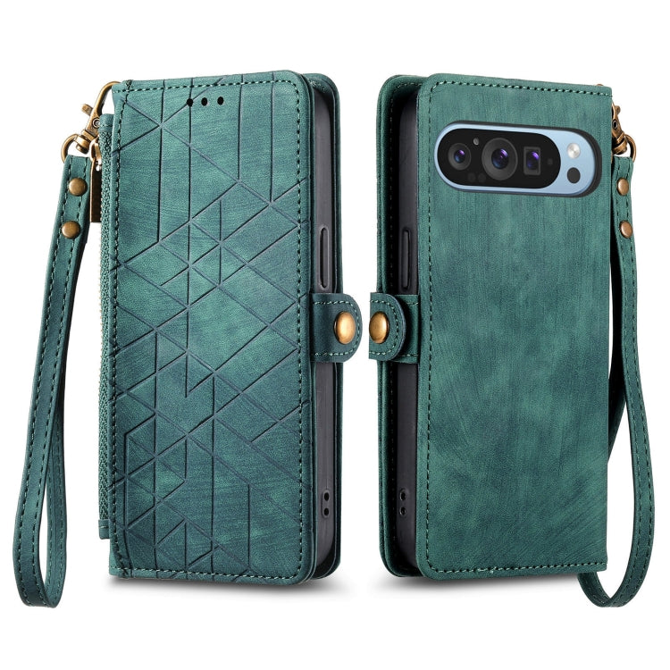 For Google Pixel 9 Geometric Zipper Wallet Side Buckle Leather Phone Case(Green) - Google Cases by PMC TechLife | Online Shopping South Africa | PMC TechLife | Buy Now Pay Later Mobicred