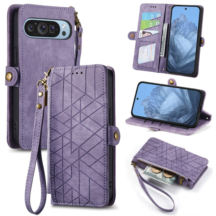 For Google Pixel 9 Geometric Zipper Wallet Side Buckle Leather Phone Case(Purple) - Google Cases by PMC TechLife | Online Shopping South Africa | PMC TechLife | Buy Now Pay Later Mobicred