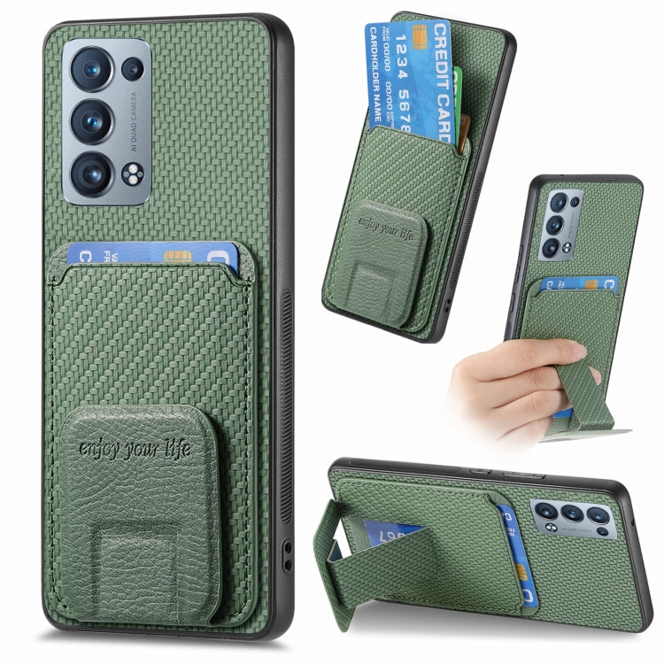 For OPPO Reno6 Pro 5G Carbon Fiber Card Bag Fold Stand Phone Case(Green) - OPPO Cases by PMC TechLife | Online Shopping South Africa | PMC TechLife | Buy Now Pay Later Mobicred