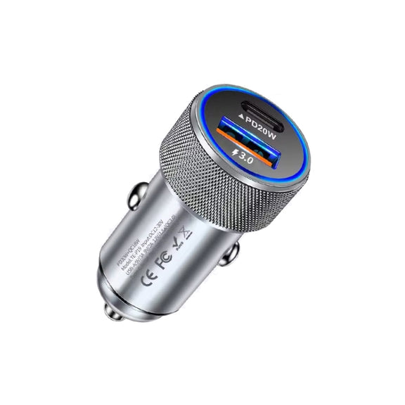 P19 Metal PD20W USB-C + QC18W USB Car Charger with Type-C to 8 Pin Date Cable(Silver Gray)