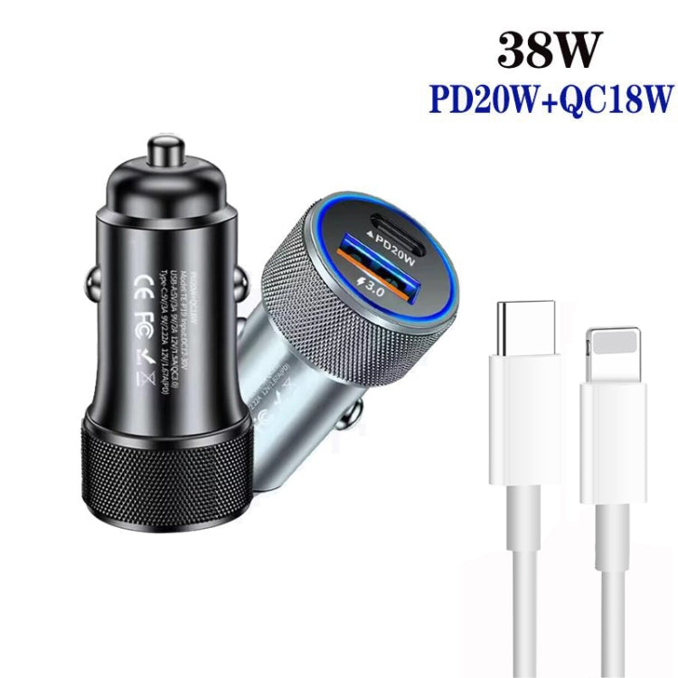 P19 Metal PD20W USB-C + QC18W USB Car Charger with Type-C to 8 Pin Date Cable(Black)