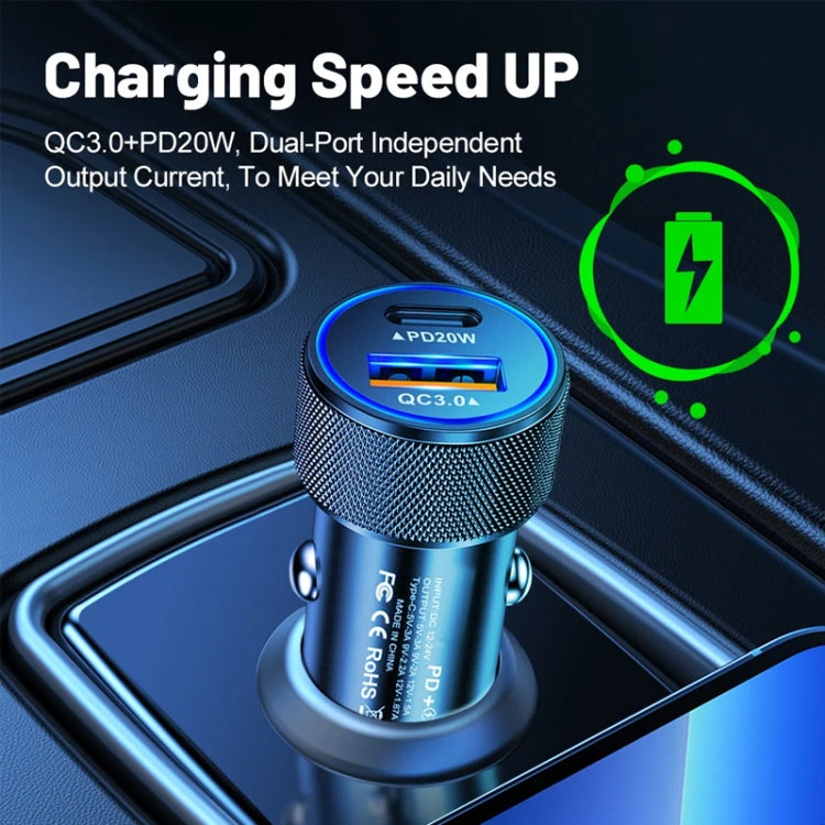 P19 Metal PD20W USB-C + QC18W USB Car Charger with Type-C to 8 Pin Date Cable(Black)