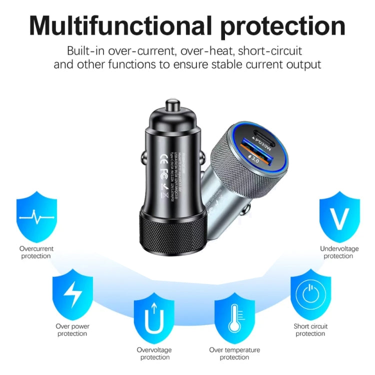 P19 Metal PD20W USB-C + QC18W USB Car Charger with Type-C to 8 Pin Date Cable(Black)