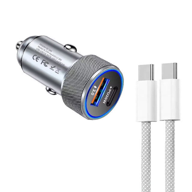 P19 Metal PD20W USB-C + QC18W USB Car Charger with USB-C to USB-C Date Cable for iPhone 15 series(Silver Gray)