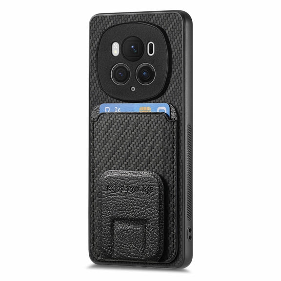 For Honor Magic6 Pro Carbon Fiber Card Bag Fold Stand Phone Case(Black)
