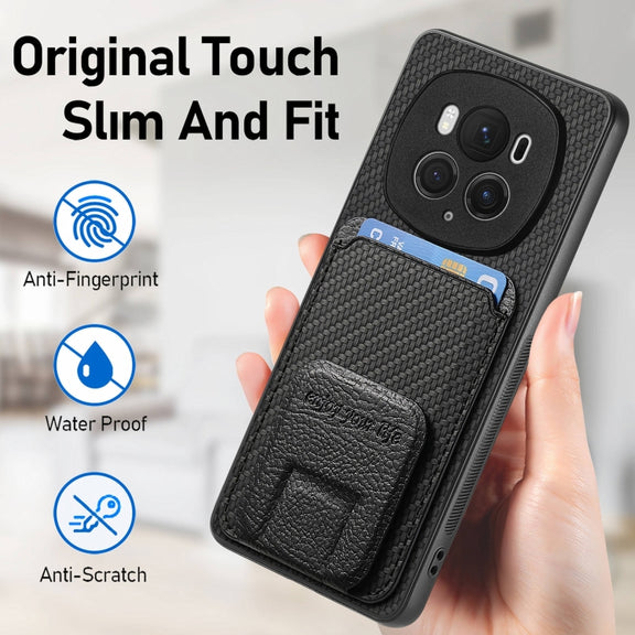 For Honor Magic6 Pro Carbon Fiber Card Bag Fold Stand Phone Case(Black)