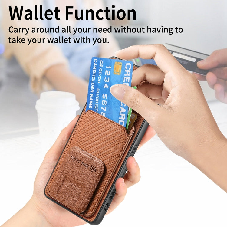For Honor Magic6 Pro Carbon Fiber Card Bag Fold Stand Phone Case(Brown)