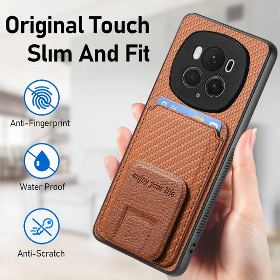 For Honor Magic6 Pro Carbon Fiber Card Bag Fold Stand Phone Case(Brown)