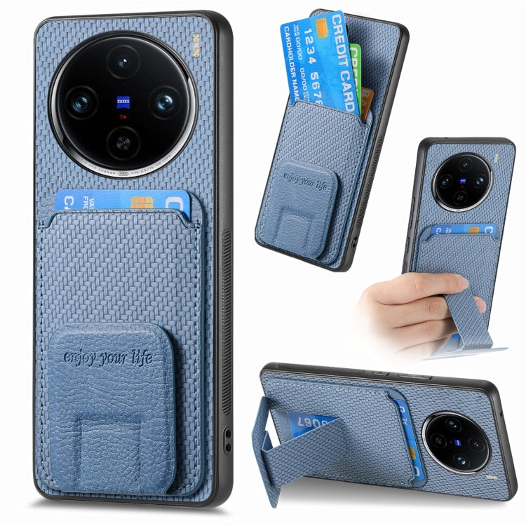 For vivo X100 Pro 5G Carbon Fiber Card Bag Fold Stand Phone Case(Blue) - X100 Pro Cases by PMC TechLife | Online Shopping South Africa | PMC TechLife | Buy Now Pay Later Mobicred