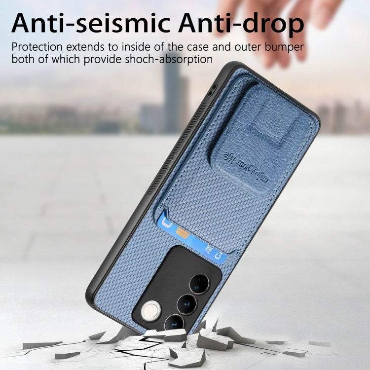 For vivo X100 Pro 5G Carbon Fiber Card Bag Fold Stand Phone Case(Blue) - X100 Pro Cases by PMC TechLife | Online Shopping South Africa | PMC TechLife | Buy Now Pay Later Mobicred