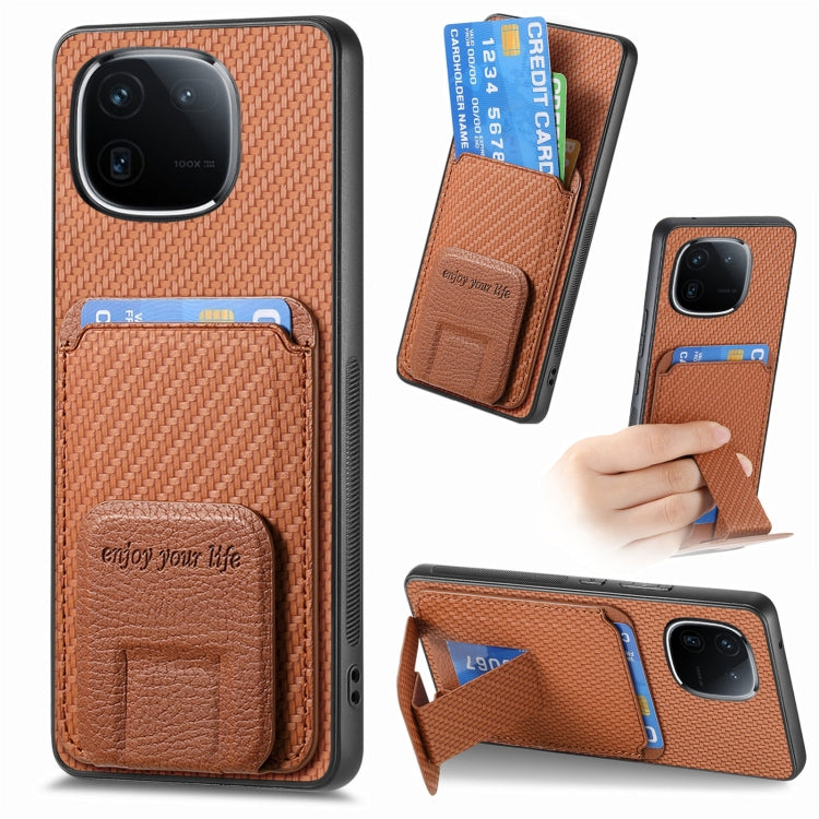 For vivo iQOO 12 Pro Carbon Fiber Card Bag Fold Stand Phone Case(Brown) - iQOO 12 Pro Cases by PMC TechLife | Online Shopping South Africa | PMC TechLife