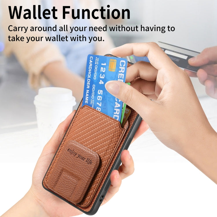 For vivo iQOO 12 Pro Carbon Fiber Card Bag Fold Stand Phone Case(Brown) - iQOO 12 Pro Cases by PMC TechLife | Online Shopping South Africa | PMC TechLife