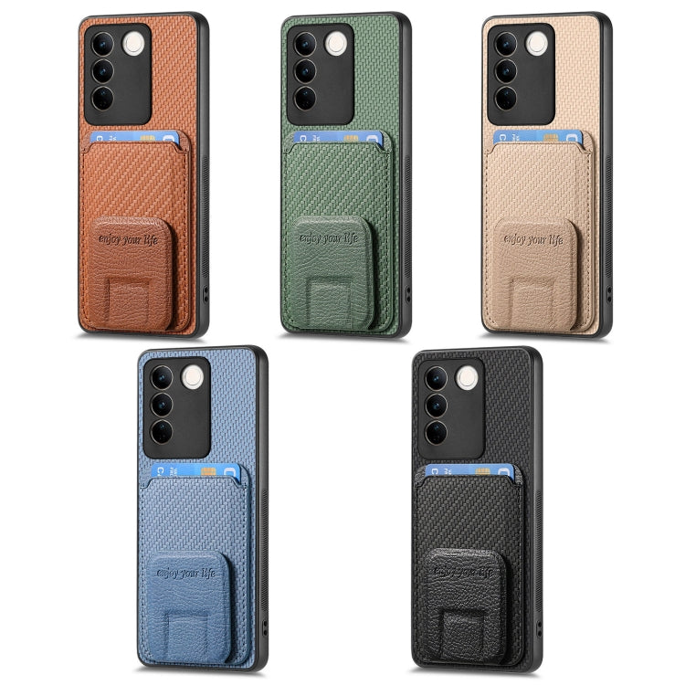 For vivo iQOO 12 Pro Carbon Fiber Card Bag Fold Stand Phone Case(Brown) - iQOO 12 Pro Cases by PMC TechLife | Online Shopping South Africa | PMC TechLife