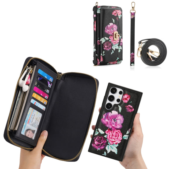 For Samsung Galaxy S24 5G Flower Multi-functional Crossbody Zipper Wallet Leather Phone Case(Black)