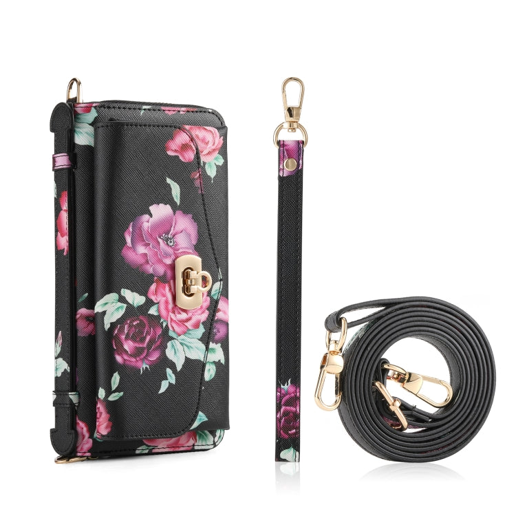 For Samsung Galaxy S24 5G Flower Multi-functional Crossbody Zipper Wallet Leather Phone Case(Black) - Galaxy S24 5G Cases by PMC Jewellery | Online Shopping South Africa | PMC Jewellery | Buy Now Pay Later Mobicred
