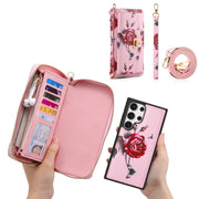 For Samsung Galaxy S24 5G Flower Multi-functional Crossbody Zipper Wallet Leather Phone Case(Pink)