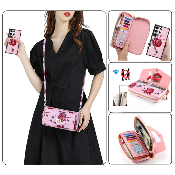For Samsung Galaxy S24 5G Flower Multi-functional Crossbody Zipper Wallet Leather Phone Case(Pink)