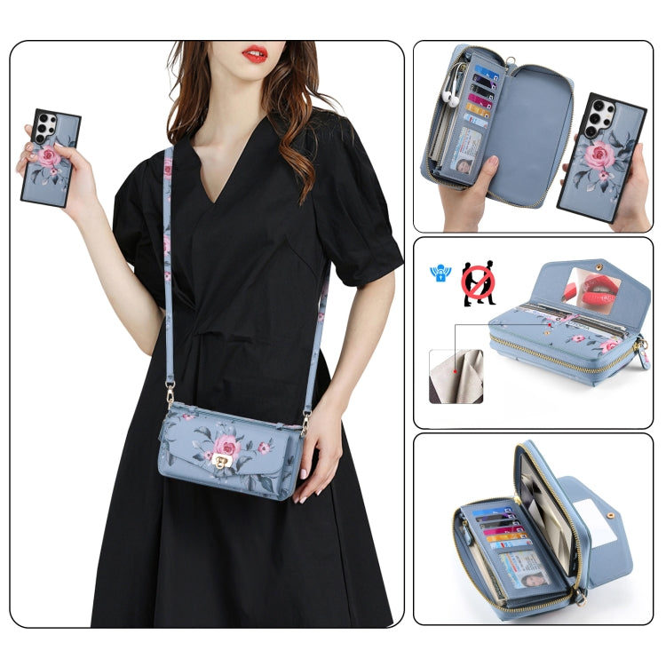 For Samsung Galaxy S24 5G Flower Multi-functional Crossbody Zipper Wallet Leather Phone Case(Blue)