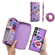 For Samsung Galaxy S24 5G Flower Multi-functional Crossbody Zipper Wallet Leather Phone Case(Purple)