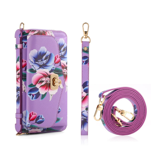 For Samsung Galaxy S24 5G Flower Multi-functional Crossbody Zipper Wallet Leather Phone Case(Purple)