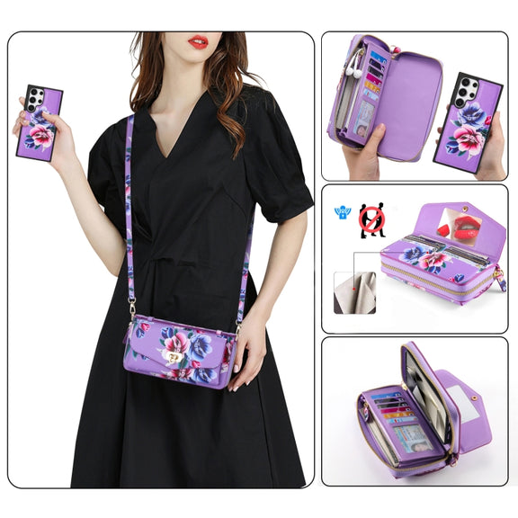 For Samsung Galaxy S24 5G Flower Multi-functional Crossbody Zipper Wallet Leather Phone Case(Purple)