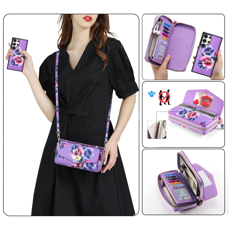 For Samsung Galaxy S24 5G Flower Multi-functional Crossbody Zipper Wallet Leather Phone Case(Purple)