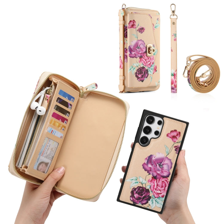 For Samsung Galaxy S24+ 5G Flower Multi-functional Crossbody Zipper Wallet Leather Phone Case(Yellow) - free shipping - PMC Jewellery - Order now!