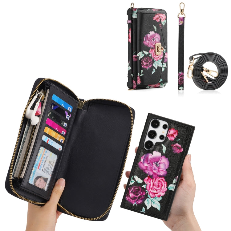 For Samsung Galaxy S24 Ultra 5G Flower Multi-functional Crossbody Zipper Wallet Leather Phone Case(Black)