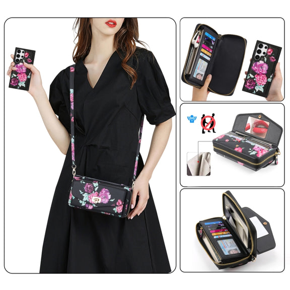 For Samsung Galaxy S24 Ultra 5G Flower Multi-functional Crossbody Zipper Wallet Leather Phone Case(Black)