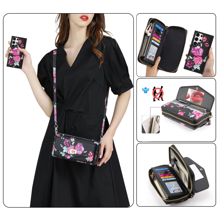 For Samsung Galaxy S24 Ultra 5G Flower Multi-functional Crossbody Zipper Wallet Leather Phone Case(Black)