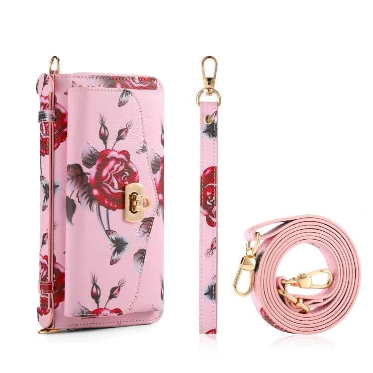 For Samsung Galaxy S24 Ultra 5G Flower Multi-functional Crossbody Zipper Wallet Leather Phone Case(Pink)