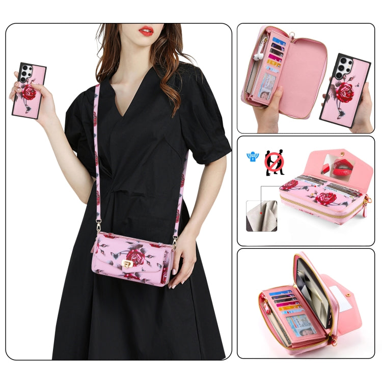 For Samsung Galaxy S24 Ultra 5G Flower Multi-functional Crossbody Zipper Wallet Leather Phone Case(Pink)