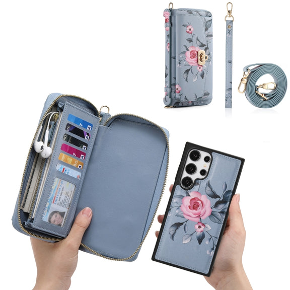 For Samsung Galaxy S24 Ultra 5G Flower Multi-functional Crossbody Zipper Wallet Leather Phone Case(Blue)