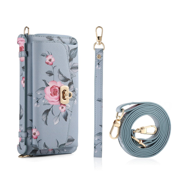 For Samsung Galaxy S24 Ultra 5G Flower Multi-functional Crossbody Zipper Wallet Leather Phone Case(Blue)