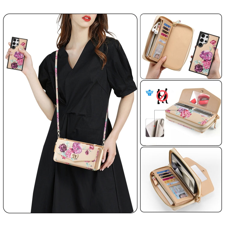 For Samsung Galaxy S24 Ultra 5G Flower Multi-functional Crossbody Zipper Wallet Leather Phone Case(Yellow)