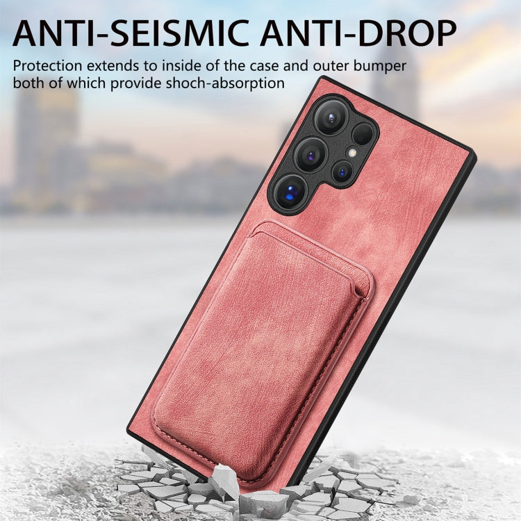 For Samsung Galaxy S25 Ultra 5G Retro Leather Card Bag Magnetic Phone Case(Pink)
